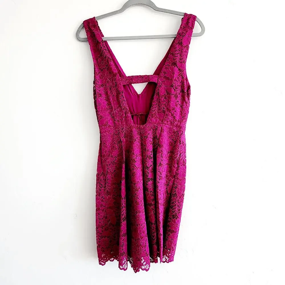 Zara Dark Fuchsia Pink Floral Lace Mini A-Line Dress with Bow Size Medium